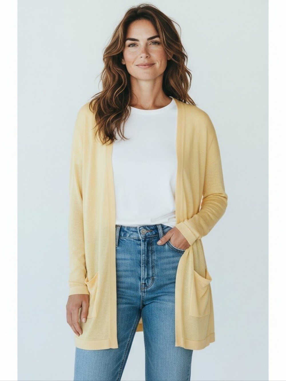 Lafayette 148 Butter Yellow Open Front Long Sleeve Cardigan Sweater Women Size M